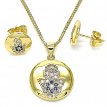 Gold Filled Earring and Pendant Set Hand of God Design With Sapphire Blue and White Micro Pave Polished Finish Golden Tone