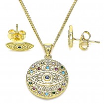 Gold Filled Earring and Pendant Adult Set Greek Eye Design With Multicolor Micro Pave Polished Finish Golden Tone