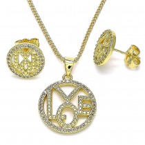 Gold Filled Earring and Pendant Adult Set Love Design With White Micro Pave Polished Finish Golden Tone