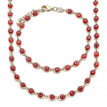 Gold Filled Greek Eye Design Necklace and Bracelet Red Resin Finish Golden Tone