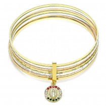 Gold Filled Semanario Bangle Guadalupe Design With Multicolor Crystal Diamond Cutting Finish Tri Tone