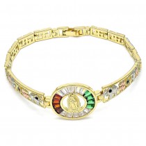Gold Filled Fancy Bracelet Guadalupe and Four-leaf Clover Design with Multicolor Cubic Zirconia Polished Finish Tri Tone