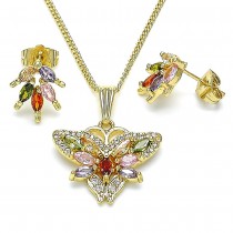 Gold Filled Earring and Pendant Set Butterfly Design With Multicolor Cubic Zirconia and White Micro Pave Polished Finish Golden Tone
