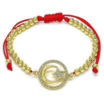 Gold Filled Adjustable Bolo Bracelet Moon and Star Design With White Micro Pave Polished Finish Golden Tone