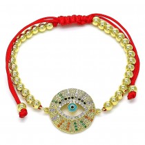 Gold Filled Adjustable Bolo Bracelet Greek Eye and Ball Design With Multicolor Micro Pave Turquoise Enamel Finish Golden Tone