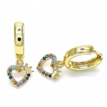 Gold Finish Huggie Hoop Heart and Crown Design with Multicolor Micro Pave Polished Golden Tone