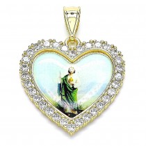 Gold Filled Religious Pendant San Judas and Heart Design With White Cubic Zirconia Polished Finish Golden Tone