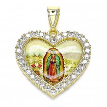 Gold Filled Religious Pendant Guadalupe and Heart Design With White Cubic Zirconia Polished Finish Golden Tone
