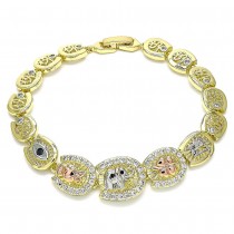 Gold Finish Fancy Bracelet Elephant and Owl Design with White and Black Cubic Zirconia Polished Tri Tone