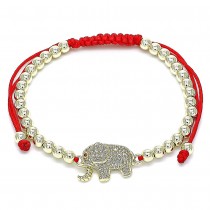 Gold Finish Adjustable Bolo Bracelet Elephant and Ball Design with White and Ruby Micro Pave Polished Golden Tone