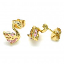 Gold Filled Stud Earrings Swan Design With Pink Cubic Zirconia Polished Finish Golden Tone