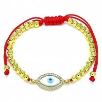 Gold Filled Adjustable Bolo Bracelet Greek Eye and Ball Design With White Mother of Pearl and White Micro Pave Polished Finish Golden Tone
