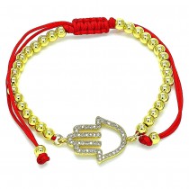 Gold Finish Adjustable Bolo Bracelet Hand of God and Ball Design with White Micro Pave Polished Golden Tone