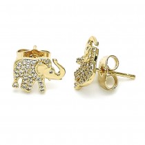 Gold Finish Stud Earring Elephant Design with White Micro Pave Polished Golden Tone