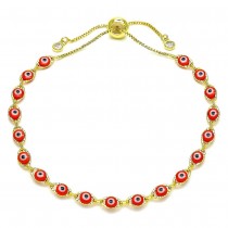 Gold Filled Adjustable Bolo Bracelet Greek Eye Design With White Cubic Zirconia Red Resin Finish Golden Tone