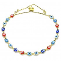 Gold Filled Adjustable Bolo Bracelet Greek Eye Design With White Cubic Zirconia Multicolor Resin Finish Golden Tone