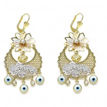 Gold Filled Long Earring Flower and Greek Eye Design With White Crystal White Resin Finish Tri Tone