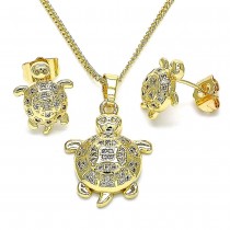 Gold Finish Earring and Pendant Set Turtle Design with White Micro Pave Polished Golden Tone