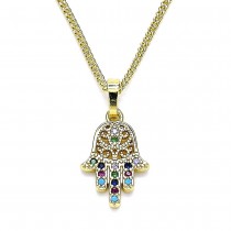 Gold Filled Pendant Necklace Hand of God Design With Multicolor Micro Pave Polished Finish Golden Tone