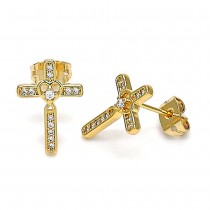 Gold Filled Stud Earrings Cross Design With White Micro Pave Polished Finish Golden Tone