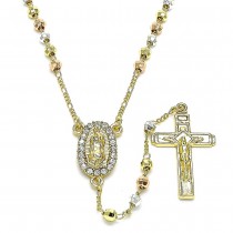 Gold Filled 2mm 22" Medium Rosary Guadalupe and Crucifix Design With White Crystal Diamond Cutting Finish Tri Tone