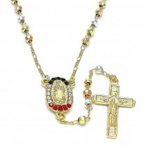 Gold Filled 2mm 22" Medium Rosary Guadalupe and Crucifix Design With Multicolor Crystal Diamond Cutting Finish Tri Tone