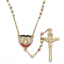 Gold Filled 20 Thin Rosary Guadalupe and Crucifix Design with Multicolor Crystal Diamond Cutting Finish Tri Tone