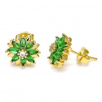 Gold Filled Stud Earrings Flower Design with Green and White Cubic Zirconia Polished Golden Tone