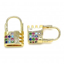 Gold Filled Small Hoop Lock Design With Multicolor Micro Pave Polished Finish Golden Tone
