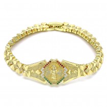Gold Finish Fancy Bracelet Divino Niño and Heart Design with Multicolor Cubic Zirconia Diamond Cutting Finish Golden Tone