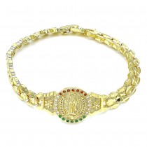 Gold Finish Fancy Bracelet Guadalupe and Flower Design with Multicolor Cubic Zirconia Diamond Cutting Finish Golden Tone