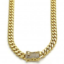 Gold Finish Basic Necklace Miami Cuban Design 24" with White Cubic Zirconia Polished Golden Tone
