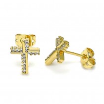 Gold Finish Stud Earrings Cross Design with White Micro Pave Polished Golden Tone