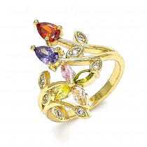 Gold Filled Multi Stone Ring Flower and Leaf Design with Multicolor Cubic Zirconia Polished Golden Finish