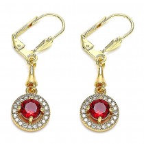 Gold Filled Long Earrings with White Cubic Zirconia and Red Micro Pave Polished Golden Tone