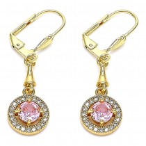 Gold Filled Long Earrings with White Cubic Zirconia and Pink Micro Pave Polished Golden Tone