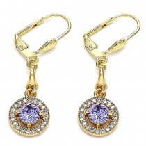 Gold Filled Long Earrings with Provence Lavender Cubic Zirconia and White Micro Pave Polished Golden Tone