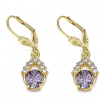 Gold Filled Long Earrings Teardrop Design with Amethyst and White Cubic Zirconia Polished Golden Tone