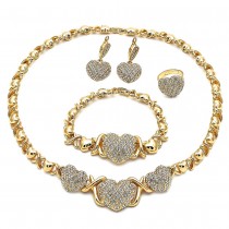 Gold Finish Necklace Bracelet Earring and Ring Hugs and Kisses and Heart Design with White Crystal Polished Golden Tone