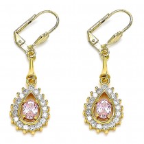 Gold Filled Long Earrings Teardrop Design with Pink and White Cubic Zirconia Polished Golden Tone