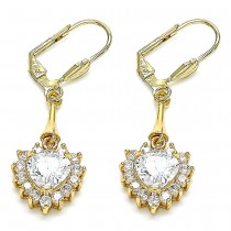Gold Filled Long Earrings Heart Design with White Cubic Zirconia Polished Golden Tone