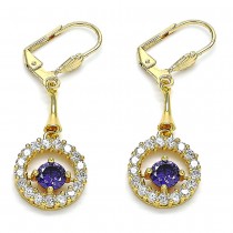 Gold Filled Long Earrings with Amethyst and White Cubic Zirconia Polished Golden Tone