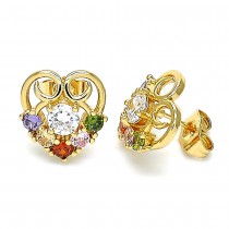 Gold Finish Stud Earring Heart Design with Multicolor Cubic Zirconia Polished Golden Tone
