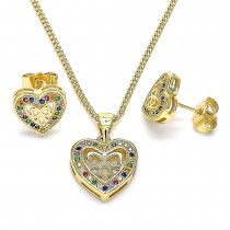 Gold Filled Earring and Pendant Set Heart and Bow Design With Multicolor Micro Pave Polished Finish Golden Tone