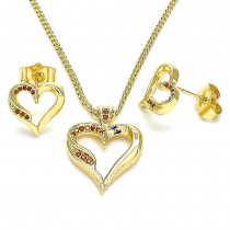 Gold Filled Earring and Pendant Set Heart Design With Garnet Micro Pave Polished Finish Golden Tone