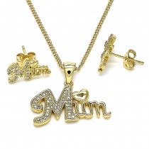 Gold Finish Earring and Pendant Set Mom and Heart Design with White Micro Pave Polished Golden Tone