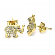 Gold Finish Stud Earring Elephant Design with White and Ruby Micro Pave Polished Golden Tone Polished Golden Tone