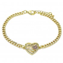 Gold Filled Adjustable Bolo Bracelet Mom and Love Design With White and Ruby Micro Pave Polished Finish Golden Tone