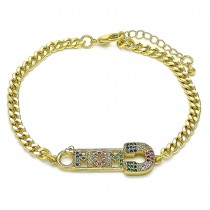 Gold Filled Adjustable Bolo Bracelet Mom and Paperclip Design With Multicolor Micro Pave Polished Finish Golden Tone