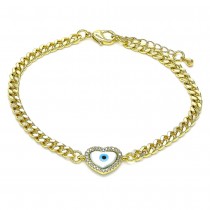 Gold Filled Fancy Bracelet Greek Eye and Heart Design With White Micro Pave and White Mother of Pearl Polished Finish Golden Tone